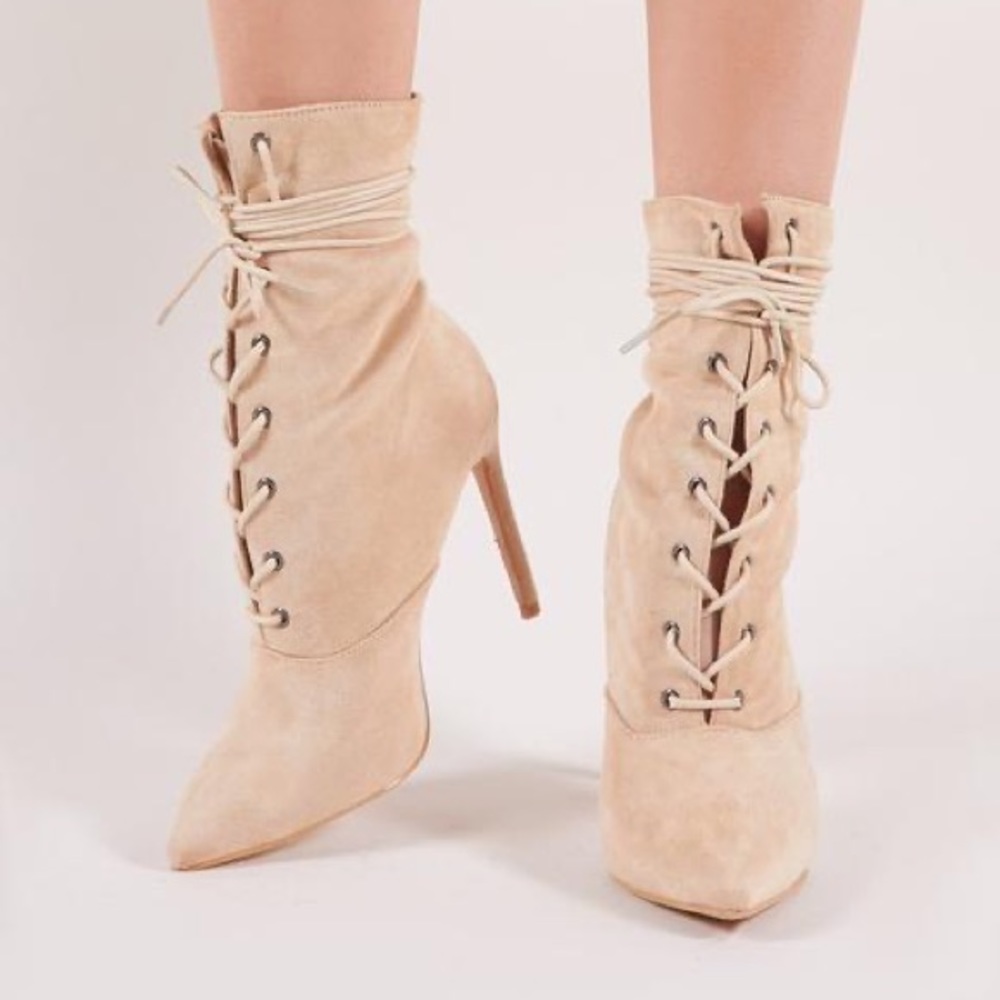 PUBLIC DESIRE Spectrum Lace Up Ankle Boots in Nude FAUX SUEDE